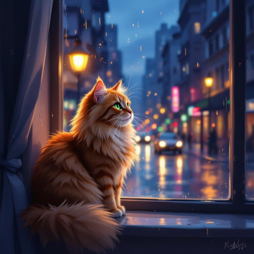 Fluffy Ginger Cat on Windowsill at Twilight