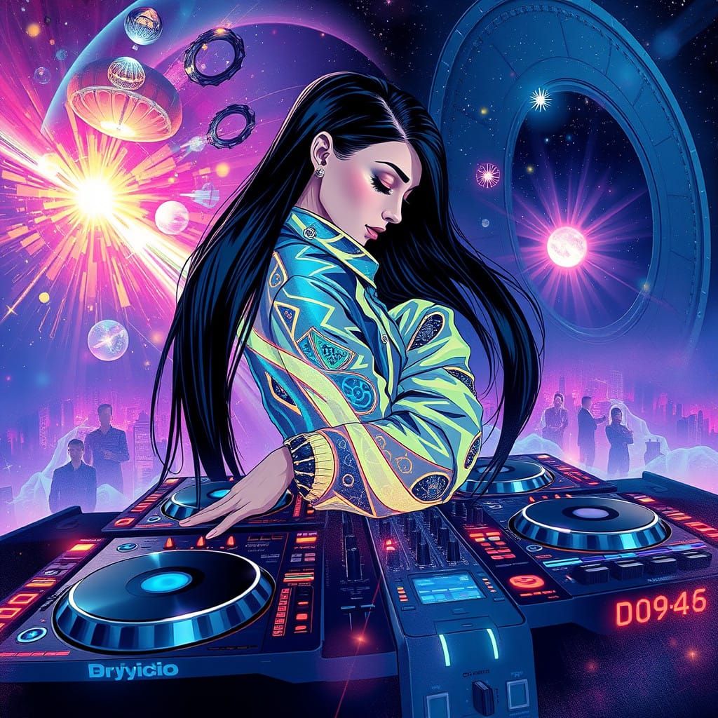Cyberpunk DJ Goddess in Neon-Lit Cosmic Sound System