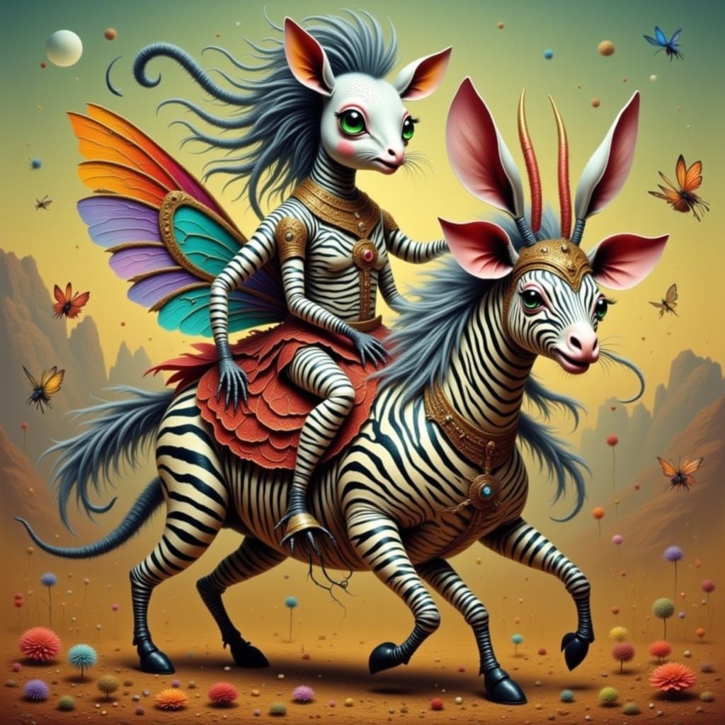 Fantastical Mars Zebra-Cow and Chicken-Rabbit Hybrid Scene