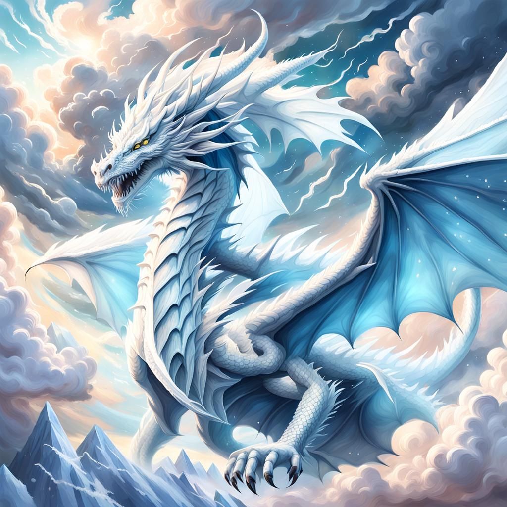 Majestic White Dragon Soaring in Cloudy Sky