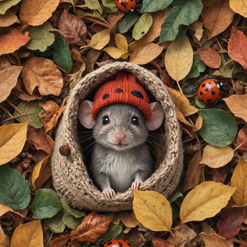 Cute Mouse in Autumn Leaves with Ladybug
