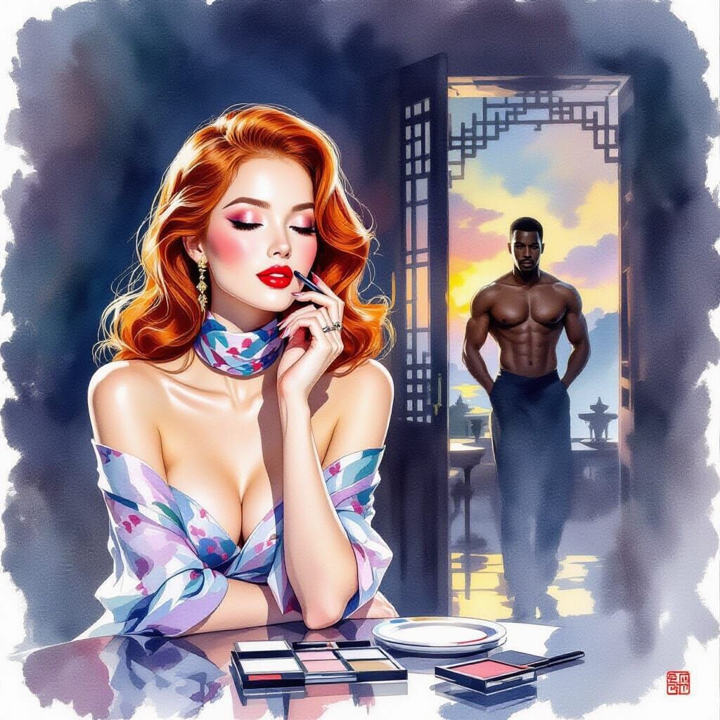 Redhead Pin-Up in Sensual Watercolor Vista