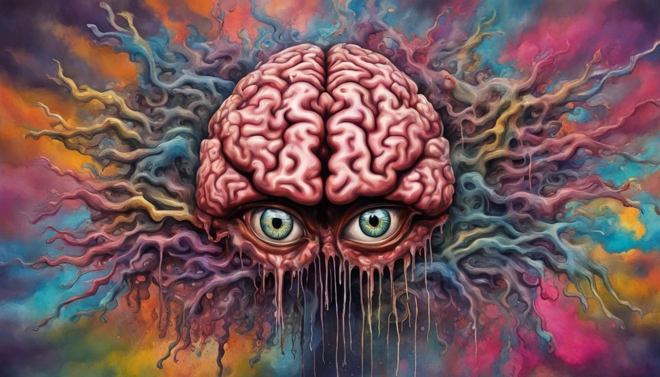 A double exposure of a psycadelic brain with big eyes being ...