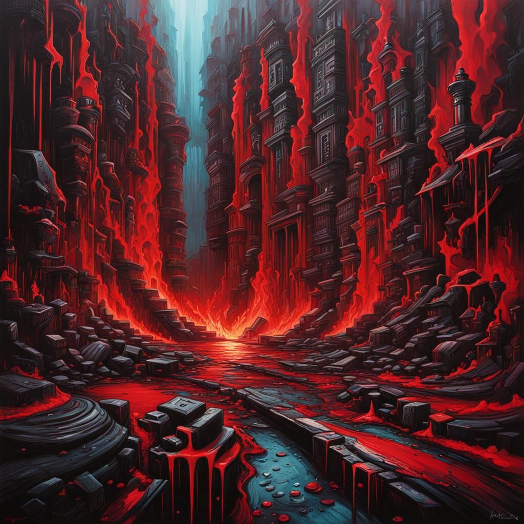 Chaotic Red and Black Hell City Graffiti Art