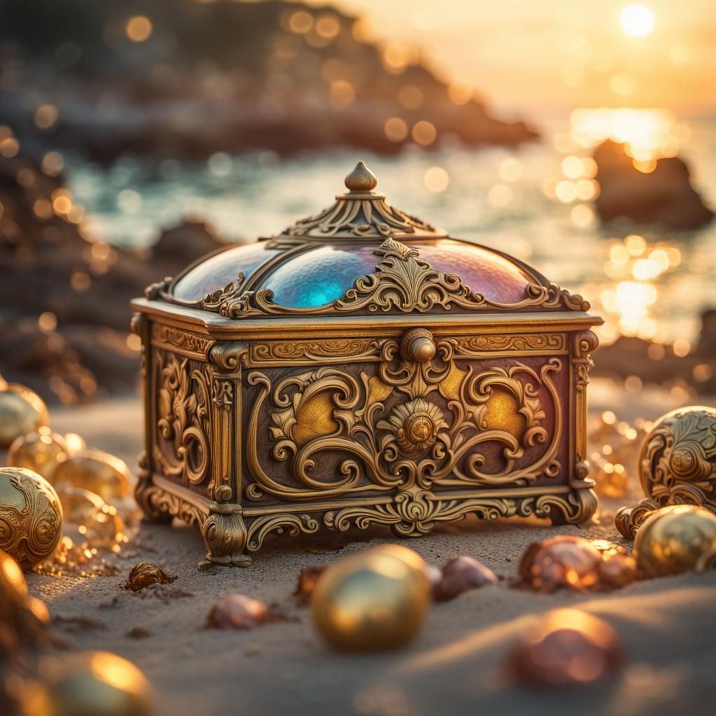 Ethereal Pirate Treasure on Shore in Art Nouveau