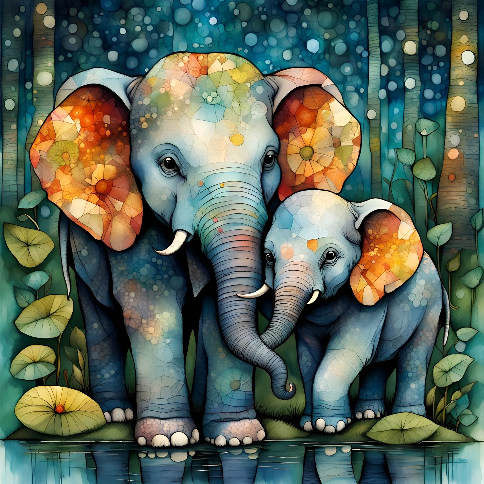 Anthropomorphic Baby Elephants in Jungle Nook