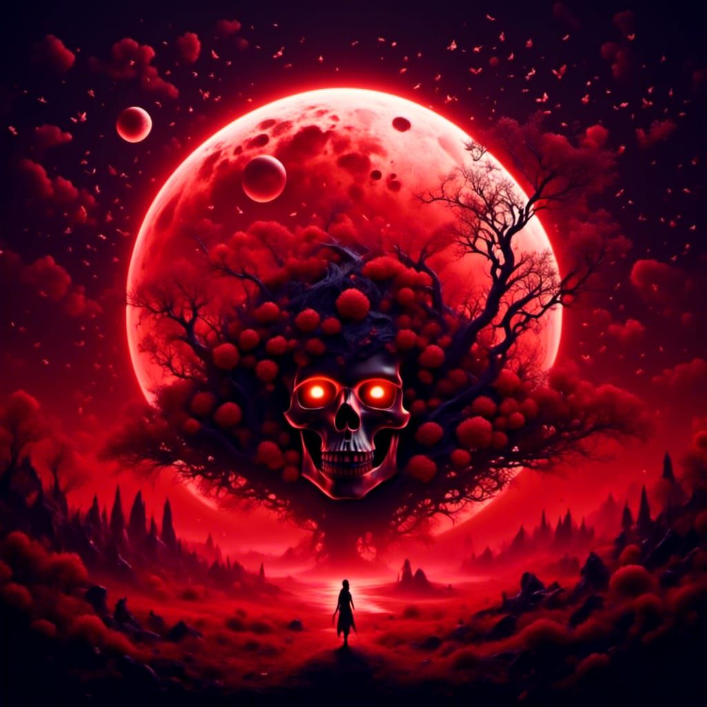a skull face on a vibrant red moon
