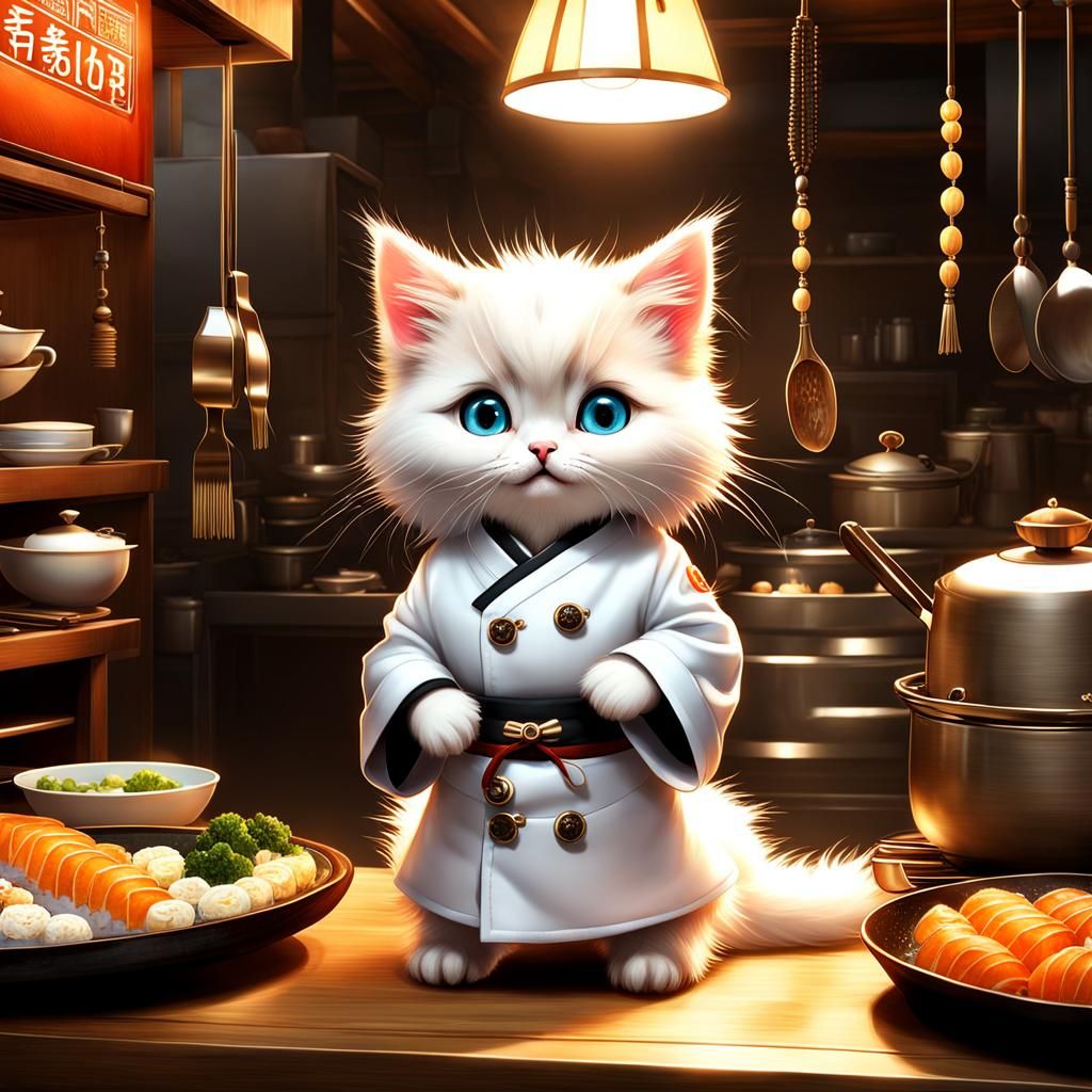 Chibi Kitten Chef in Sushi Kitchen, Detailed 3D Art