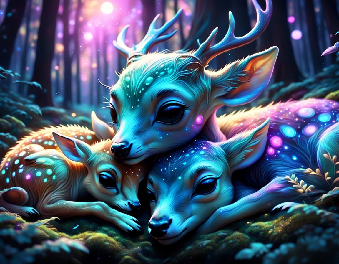 Alien and Deer Sleeping in Forest, Digital Art