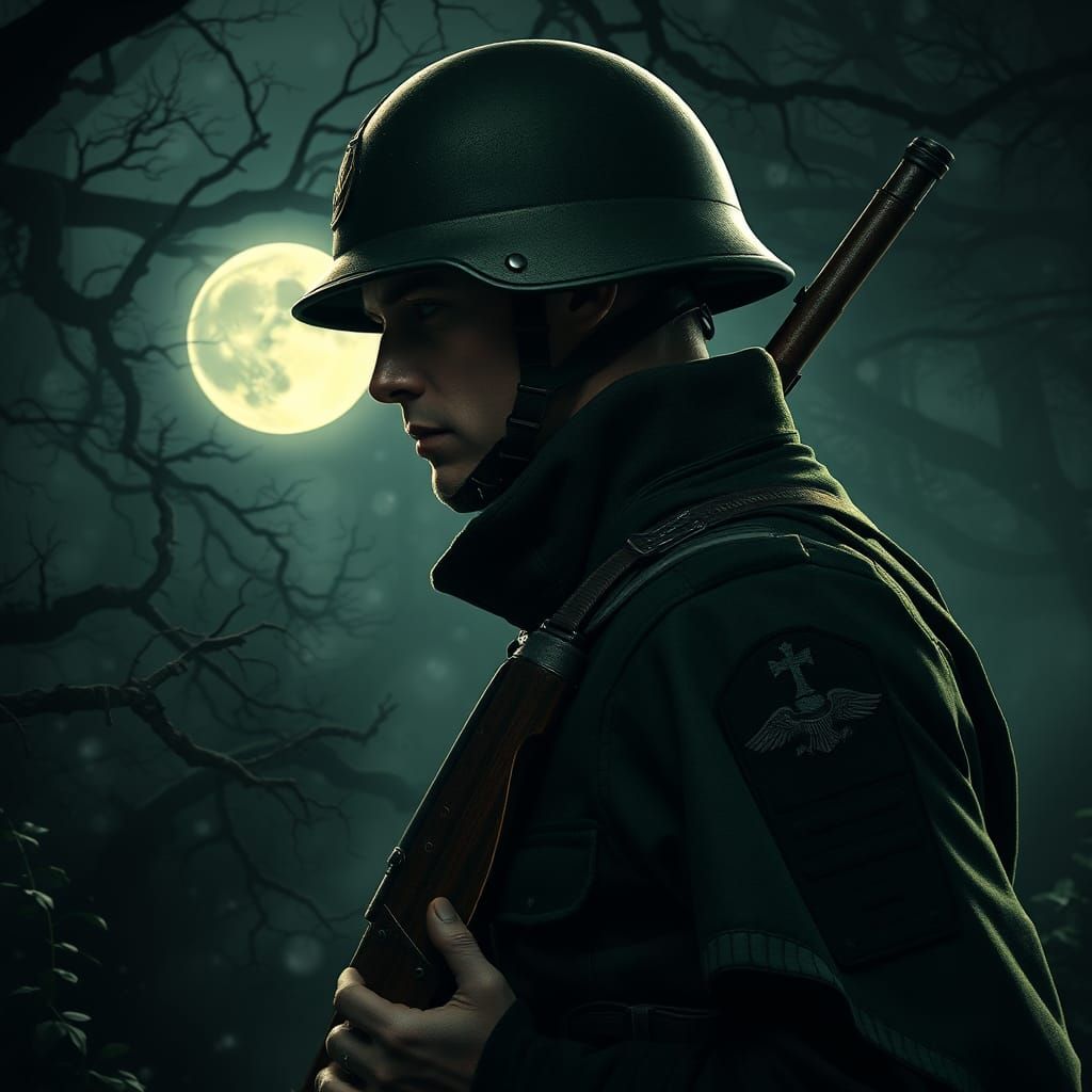 Ethereal Moonlight Soldier Portrait in Dark Forest