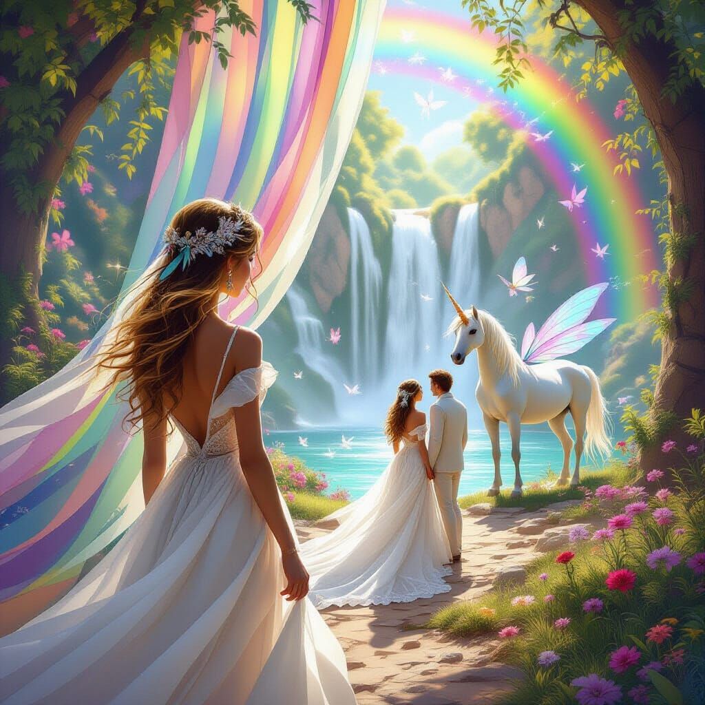 Whimsical Fairy Scene with Unicorn and Rainbow