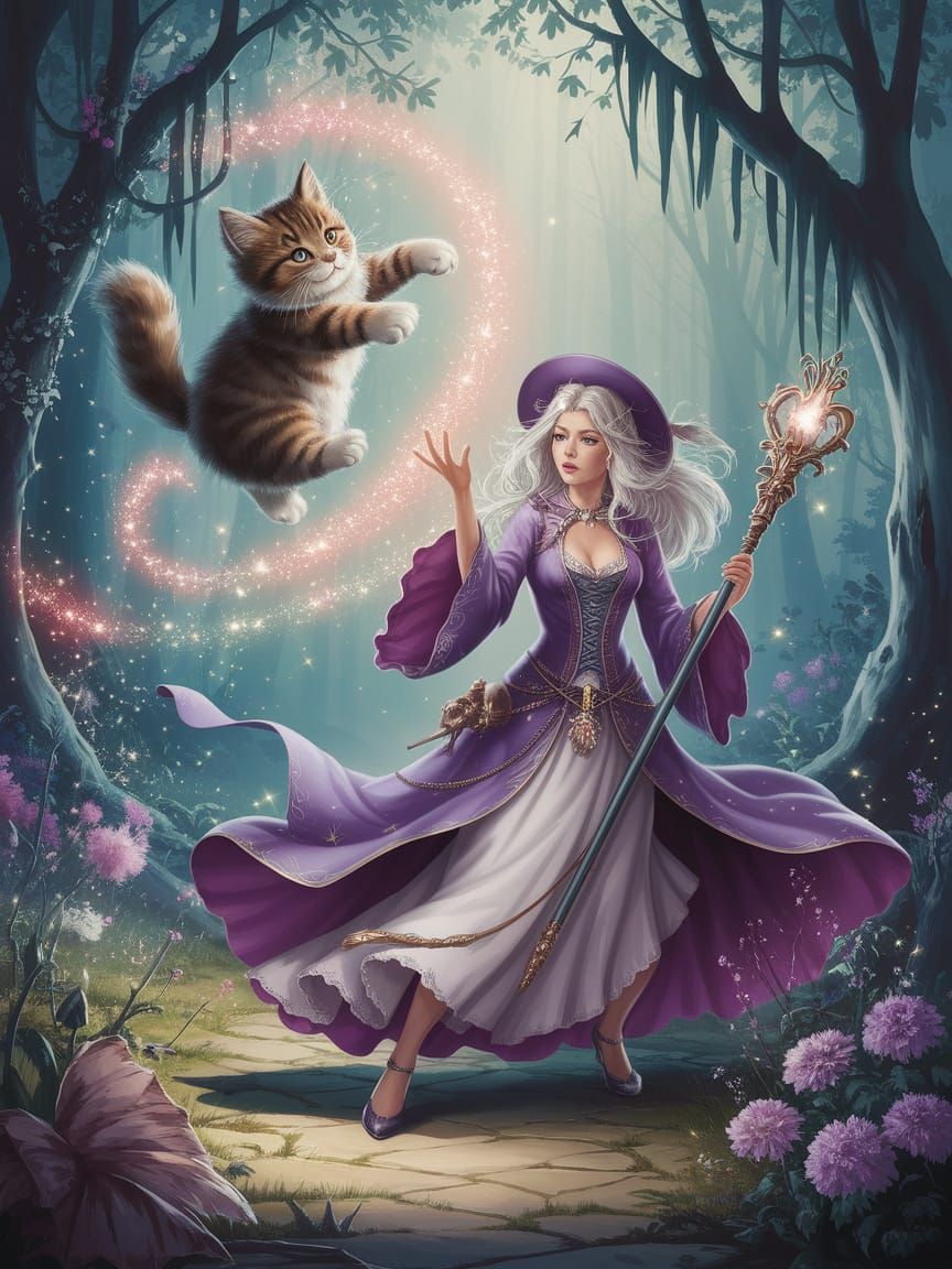 Sorceress's Fluffy Kitten Summon Mishap in Enchanted Forest