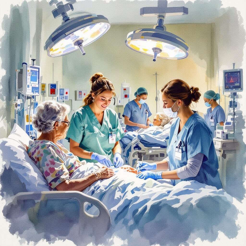 Vibrant Watercolor Hospital Scene with Healthcare Teams