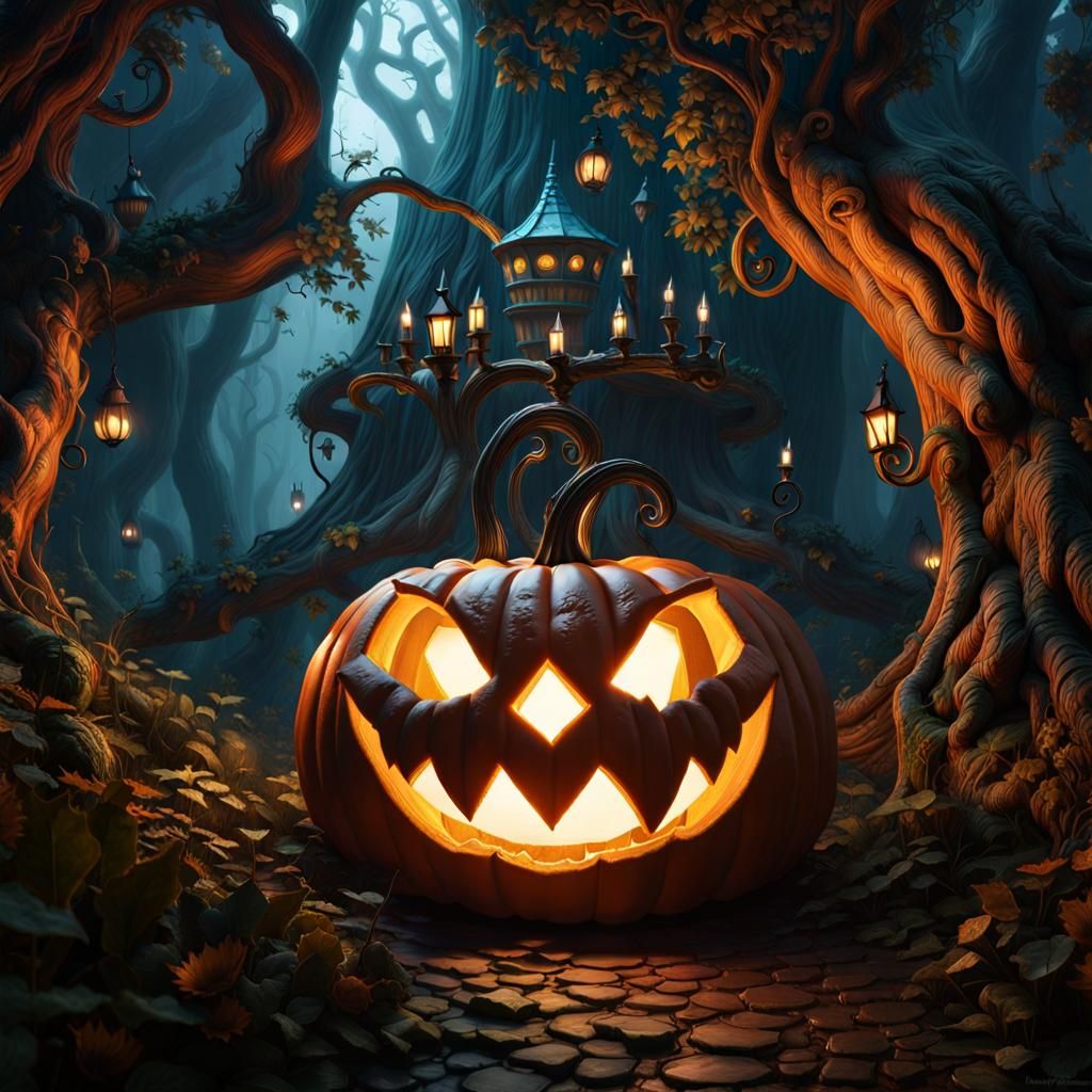 Alice in Wonderland Pumpkin Carving in Dark Fantasy Style