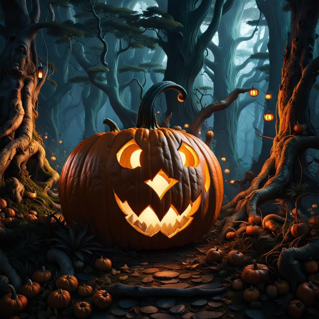 Alice in Wonderland Pumpkin Carving in Dark Forest