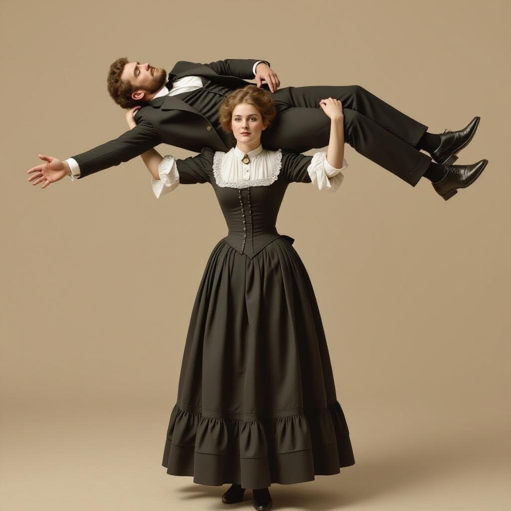 19th Century Woman Lifts Man Above Her