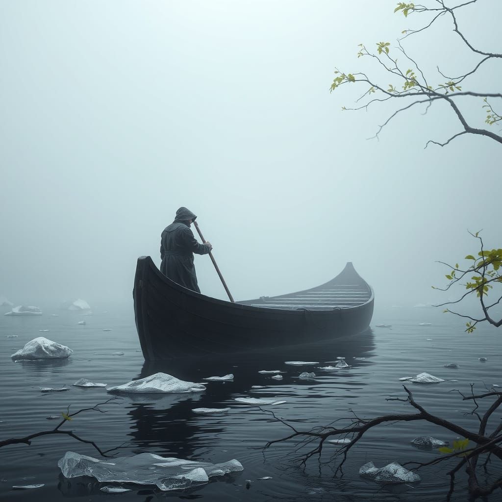 Mysterious Boatman Navigates Foggy River in a Bygone Era