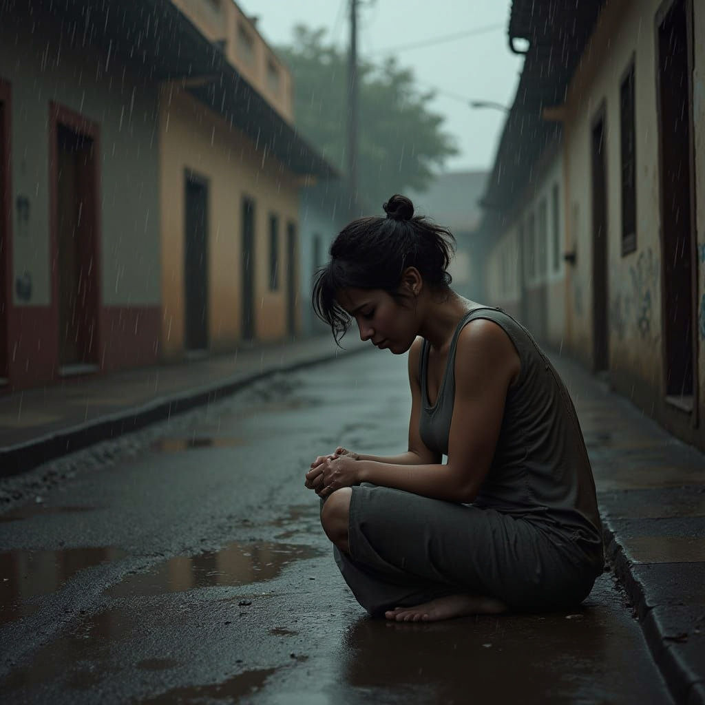 Sorrowful Woman Kneeling in Rain: Emotional Portrait