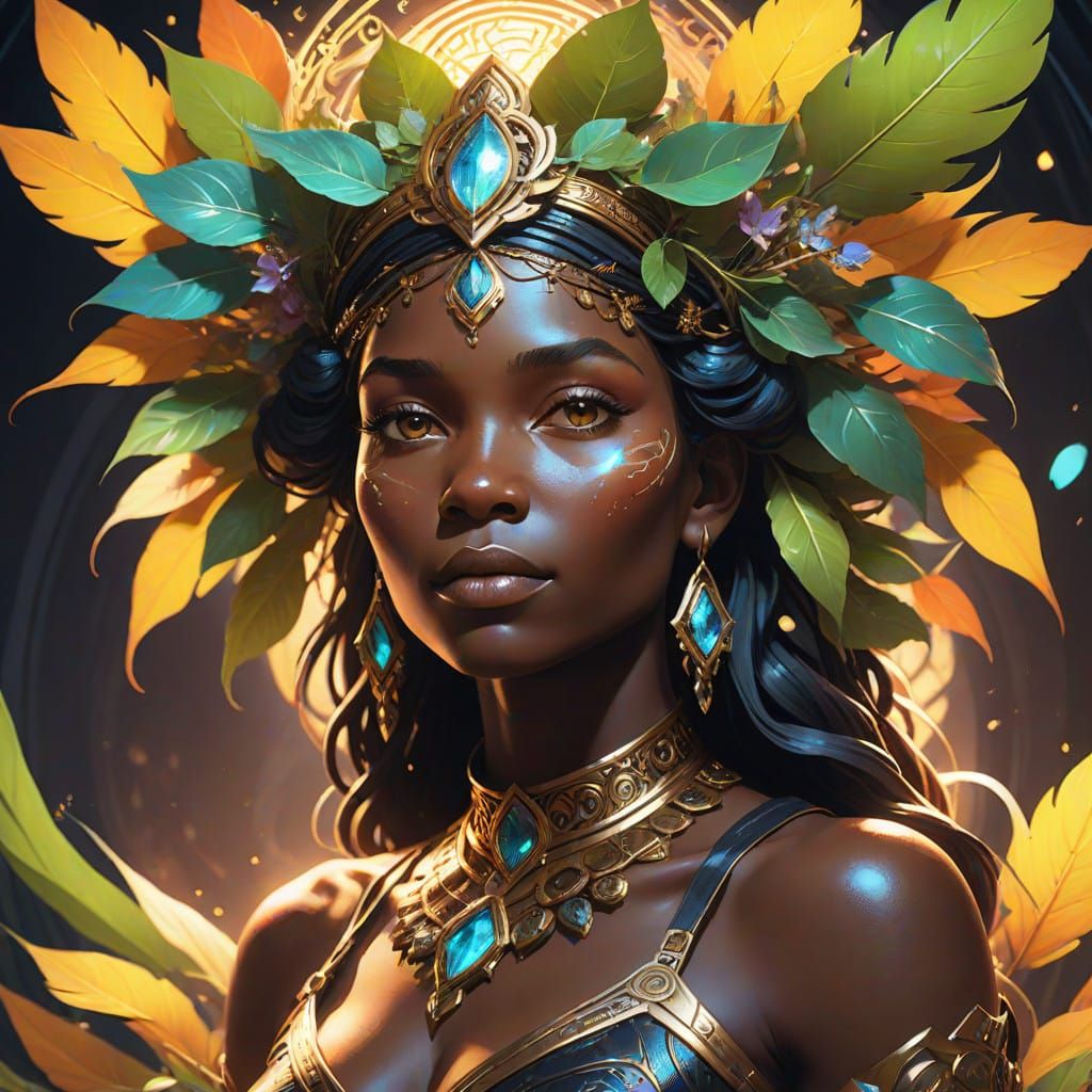 Regal Ebony Goddess in Tropical Sunset Hues