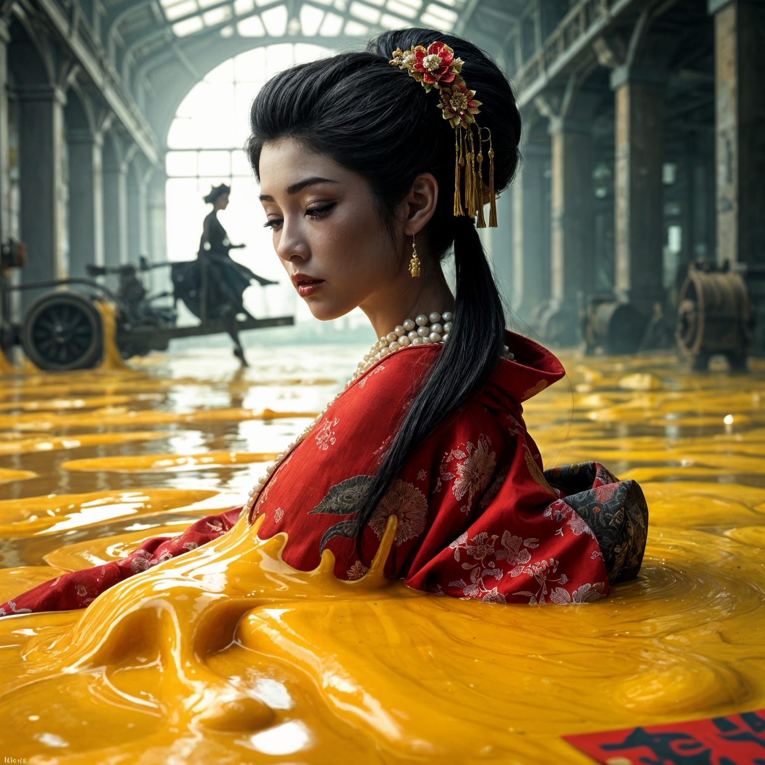 Vedic Geisha in Slime River: 3D Digital Art