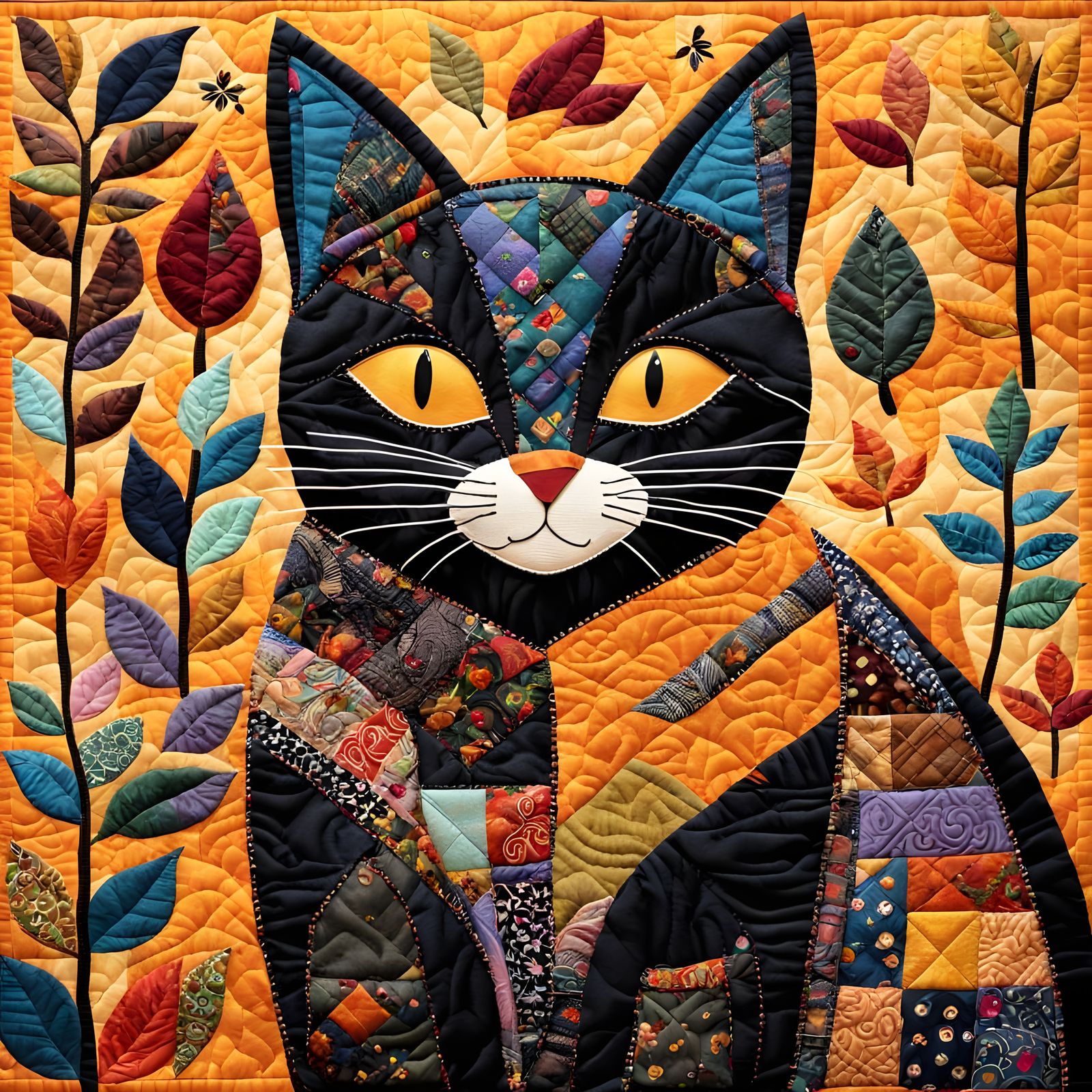 Whimsical Folk Art Quilted Scene with a Cozy Black Cat