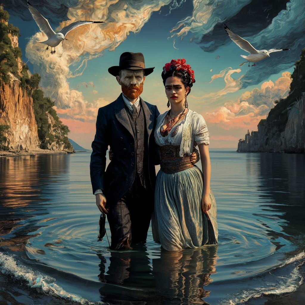 Van Gogh and Frida Kahlo in a Swirling Sea