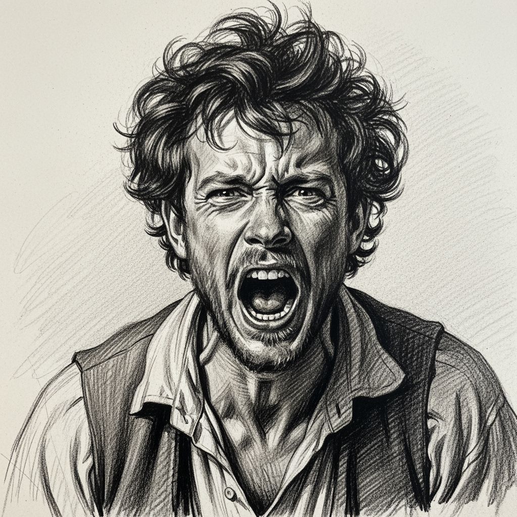 Charcoal Drawing of a Screaming Man