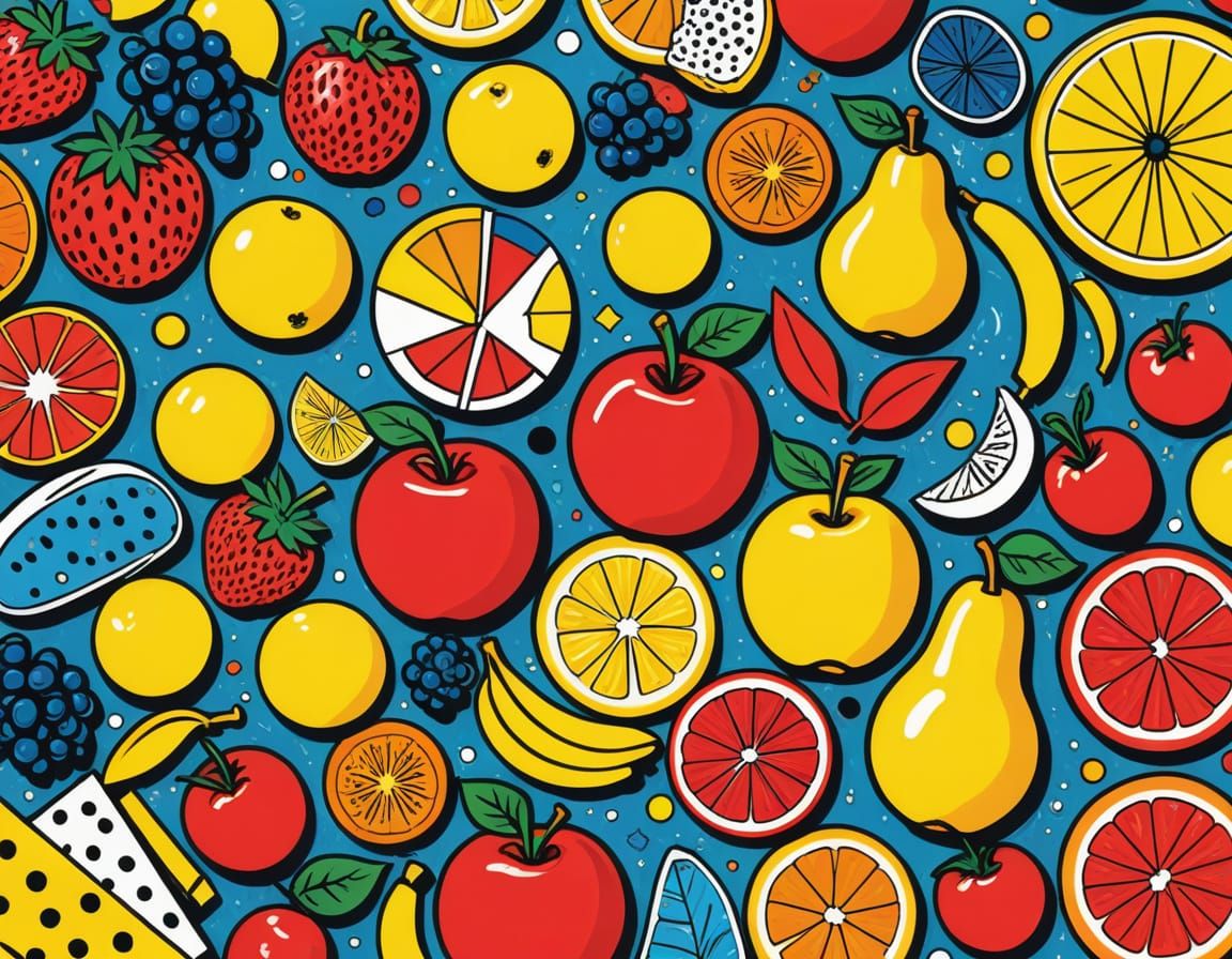 Vibrant Pop Art Collage with Everyday Objects and Fruit