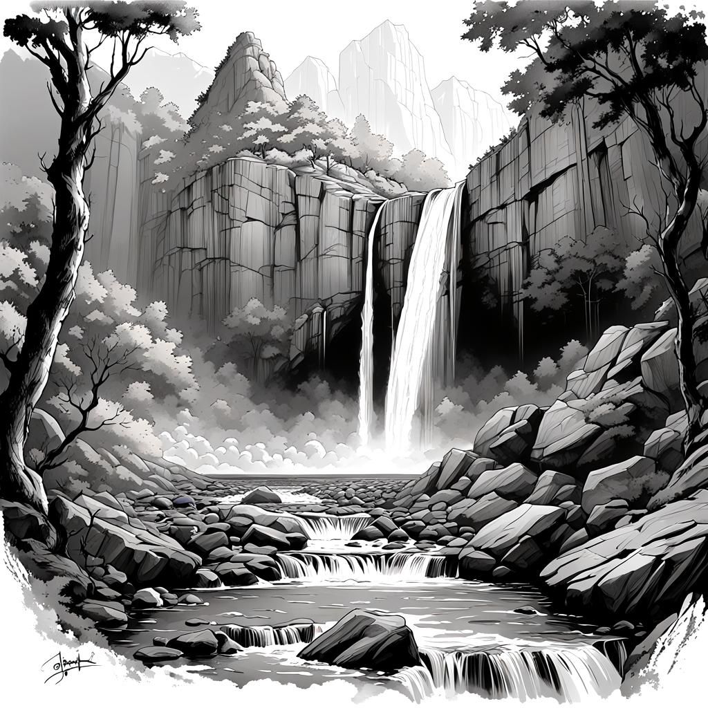 Waterfall Line Art in Art Nouveau Style