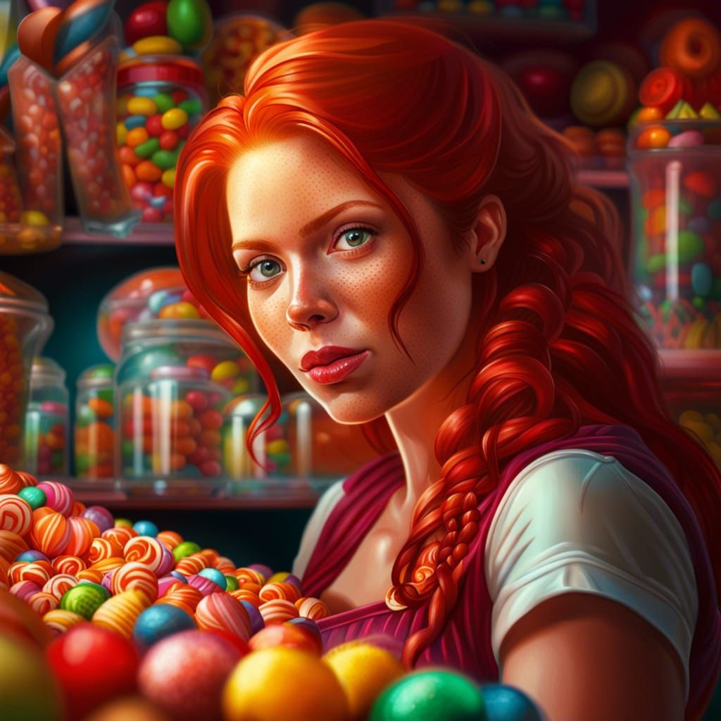 Exotic Candy Store: Red-Haired Woman, Hyperrealistic Splash ...