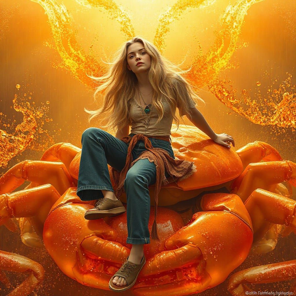 Woman on Gummy Crab in Soda Sea, Neon Futurism Style