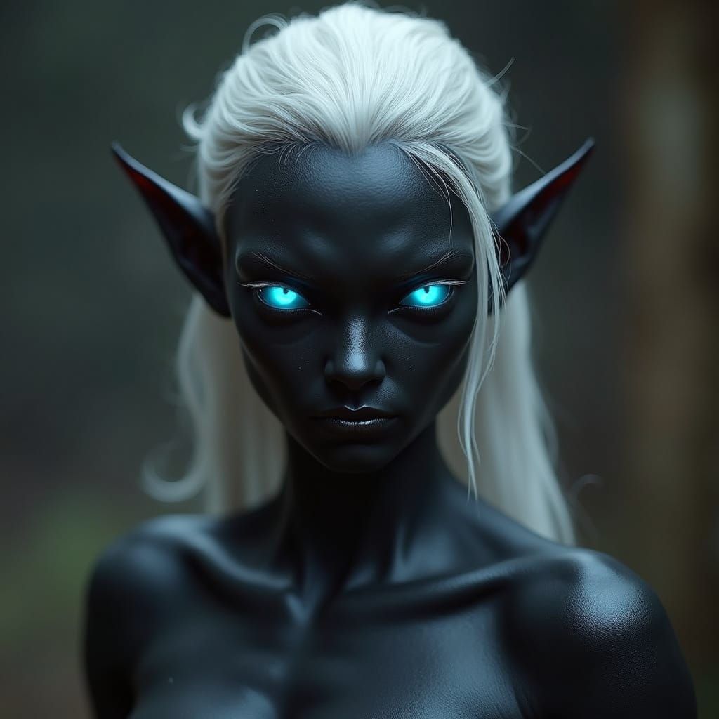 Furious Dark Elf Woman with Blue Eyes: Cinematic Film Still