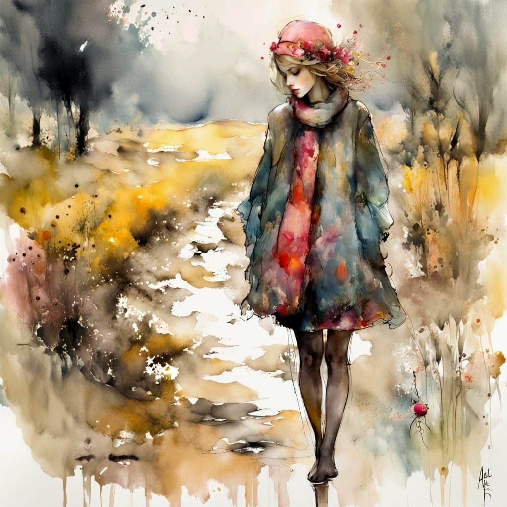 Whimsical Wanderer in a Dreamlike Countryside