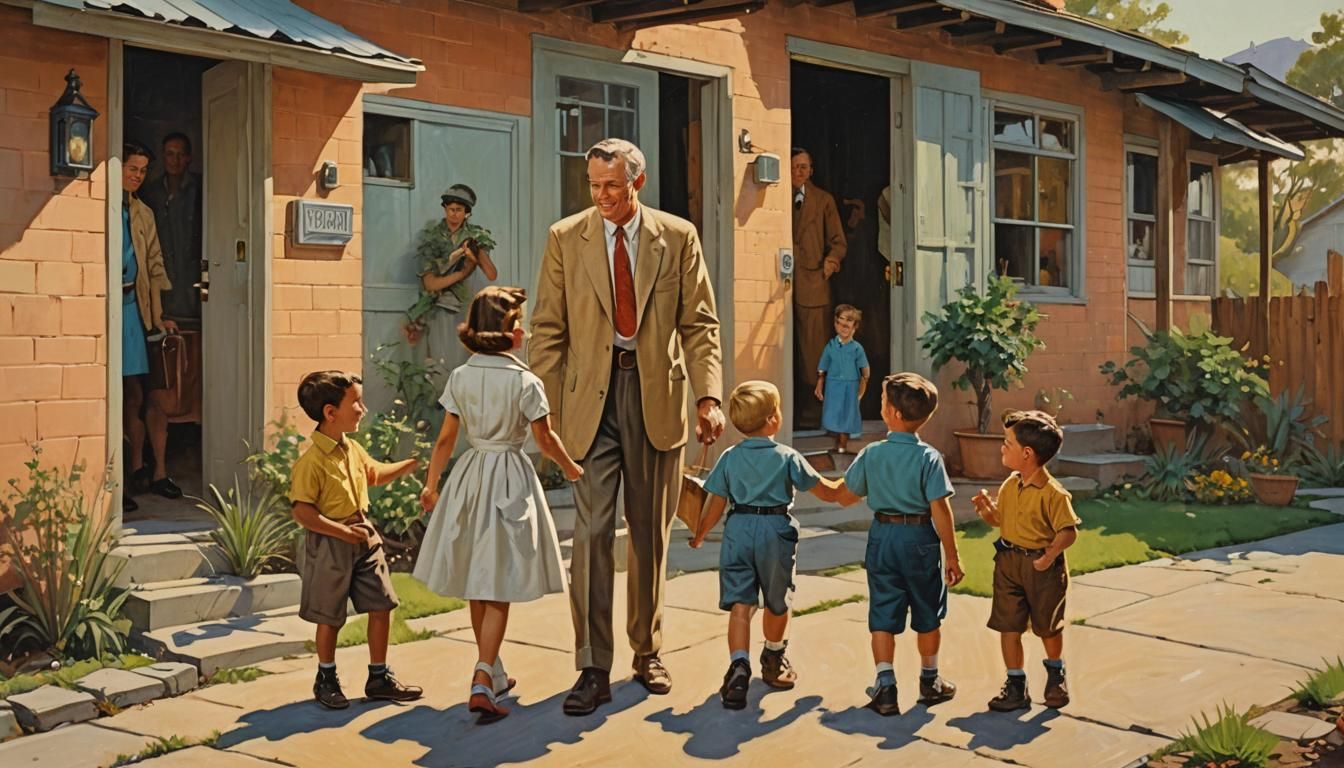 Retro Businessman's Homecoming: A Vintage Oil Painting