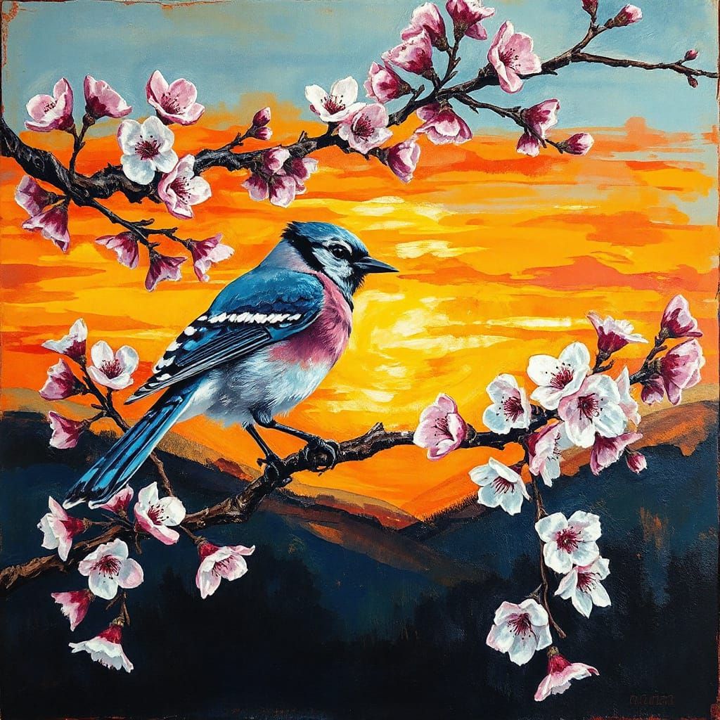 Bluejay on Cherry Blossom Branch Impasto Painting