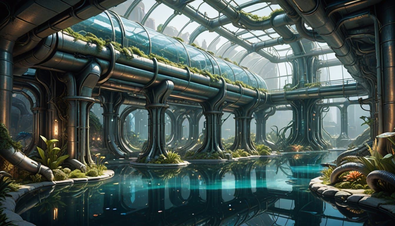 Futuristic Underground Water Plant with Bioluminescent Accen...