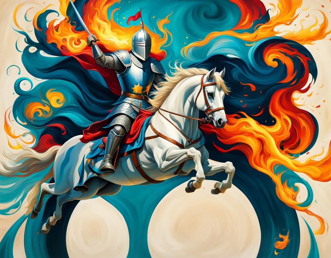 Knight Jumps Through Fire Ring: Oil Painting Style