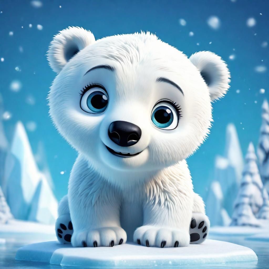 Disney Pixar style 3D Adorable baby polar bear, sweet big eyes, cute face, playing on the ice, winter wonderland backgro...