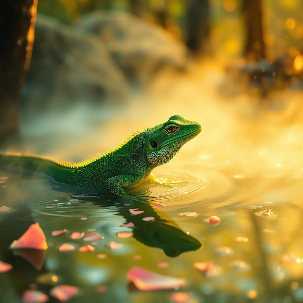 Dreamy Lizard in Spring Mist, Watercolour Style