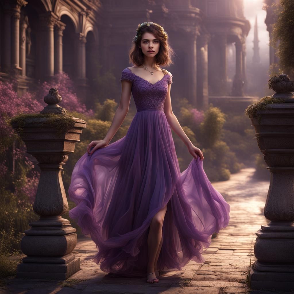 Elegant Girl in Purple Dress: Fantasy Concept Art
