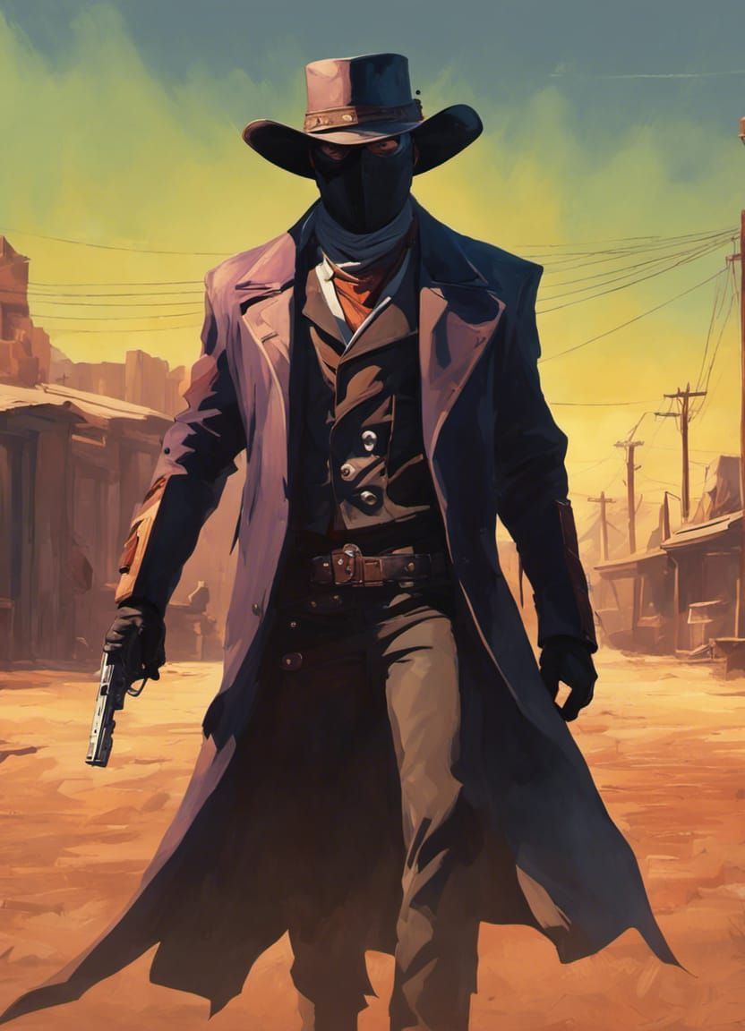 Masked Cowboy Showdown in Desert Town