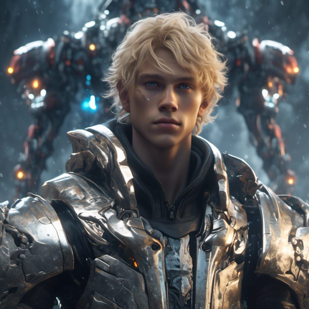 Handsome Elf Cyborg with Battle-Mech in Hyperreal Style
