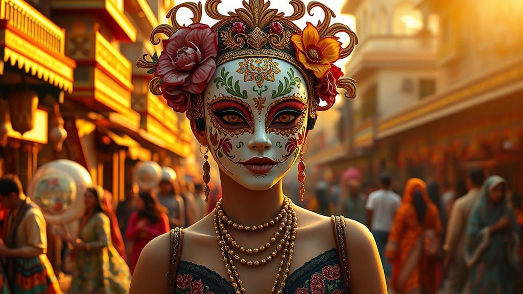 Ornate Masked Woman in Vibrant Art Nouveau City