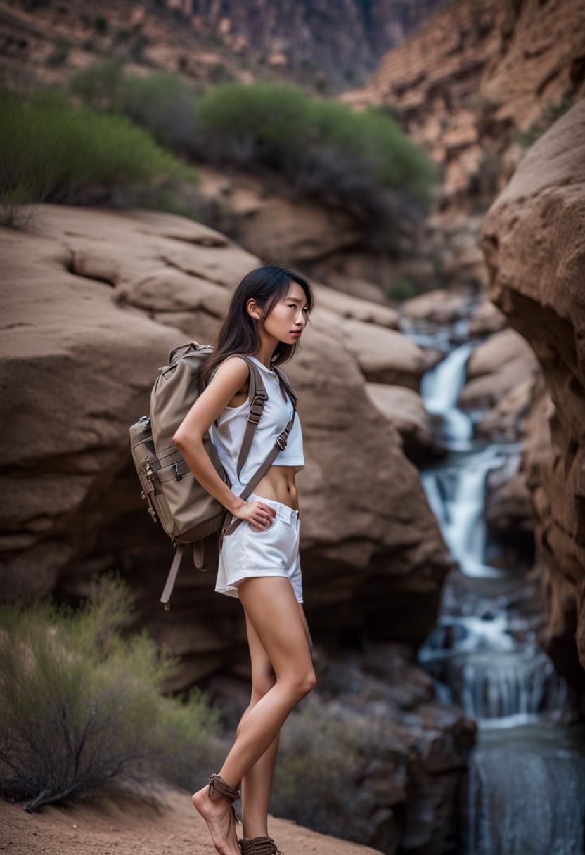 Korean Hiker in Desert Canyon: Matte Painting