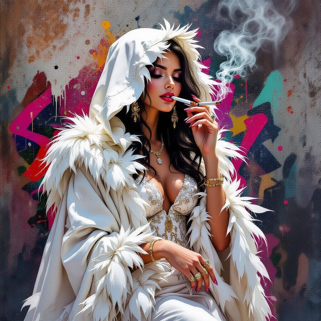 Girl in Feathered Cloak Amidst Vibrant Graffiti Art