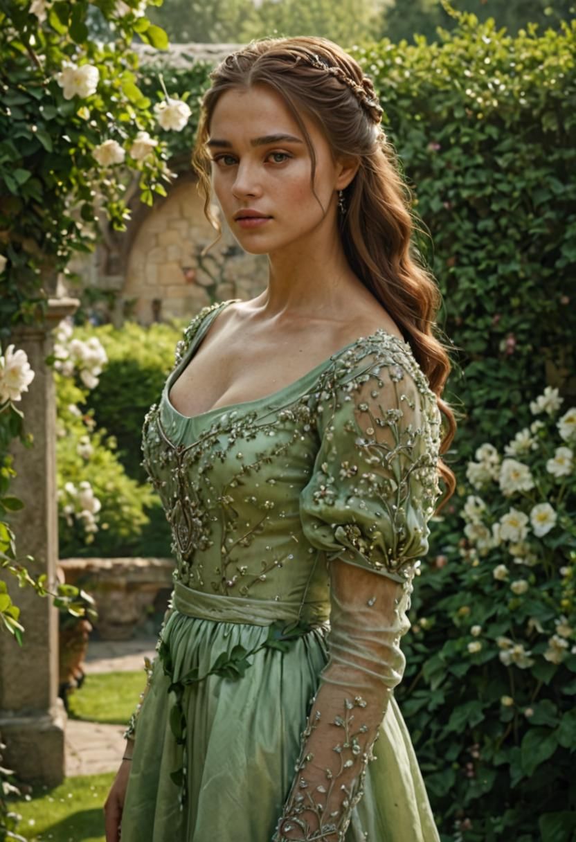 Medieval Lady in Luxurious Garden, Hyper-Realistic Digital A...