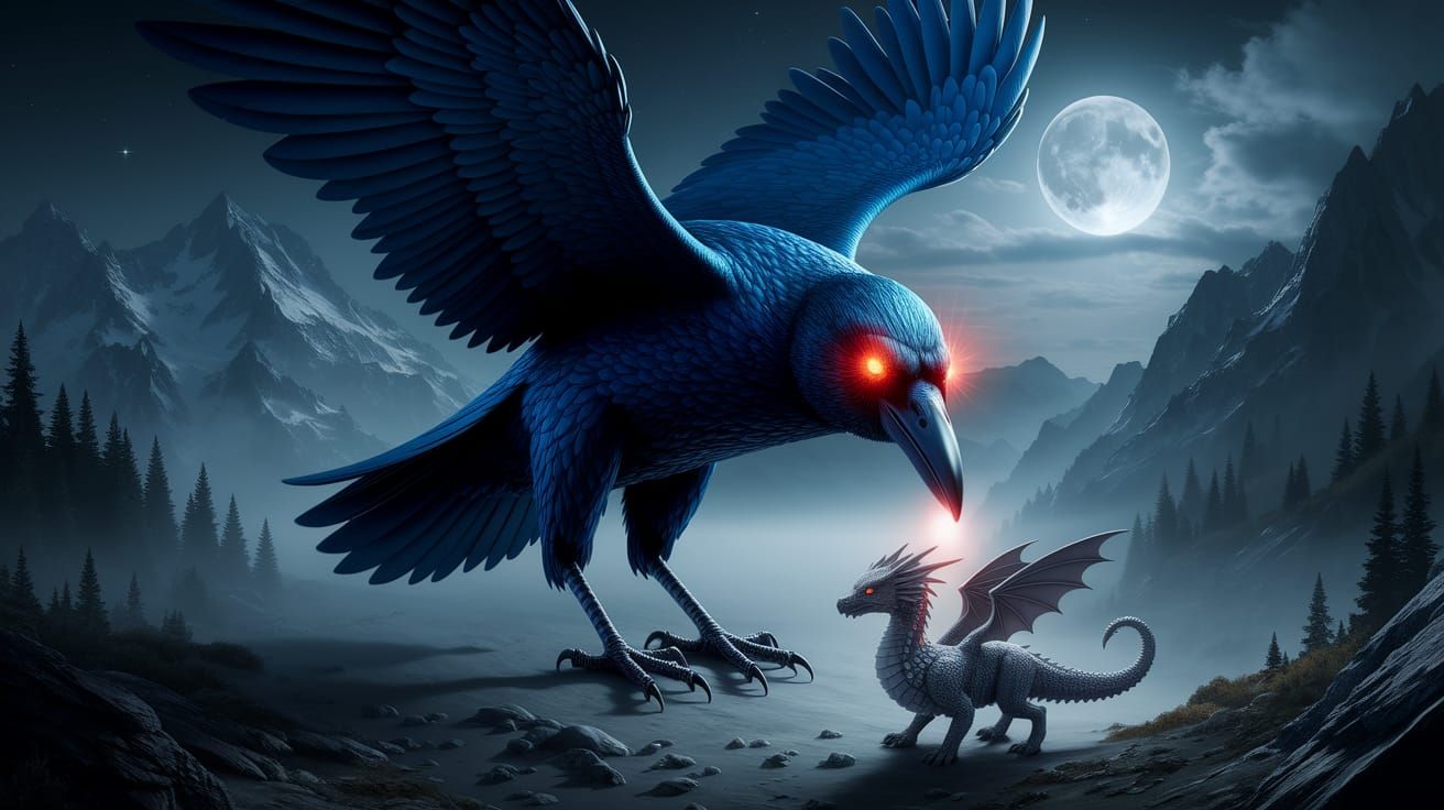 Giant Raven Over Tiny Dragon in Dark Fantasy