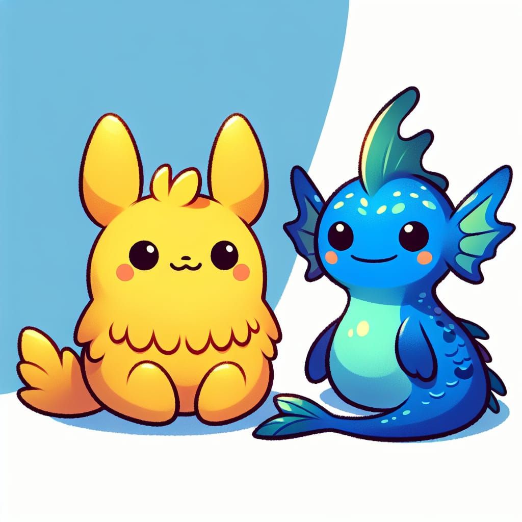 Cartoonish Yellow Creature and Blue Sea Animal