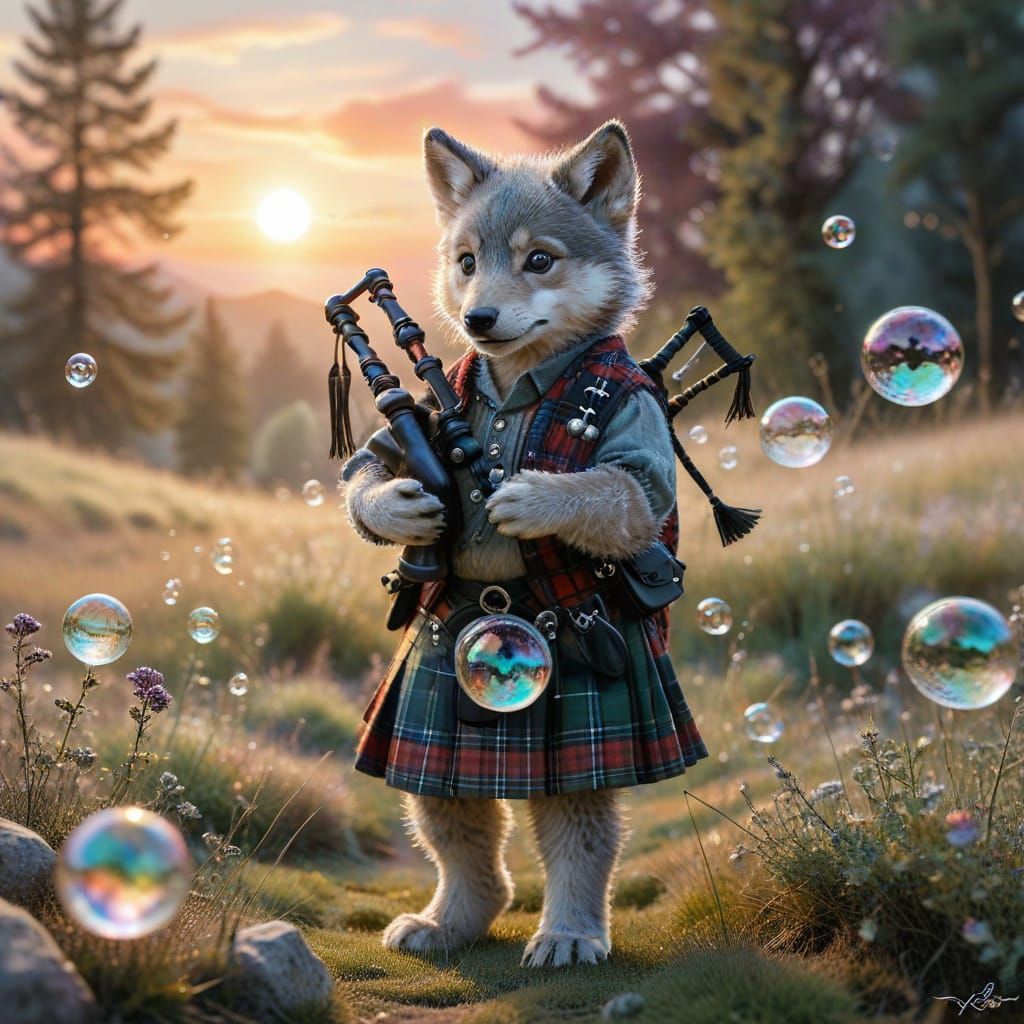 Wolf Cub Bagpiper in Bubble Field, Watercolor Painting