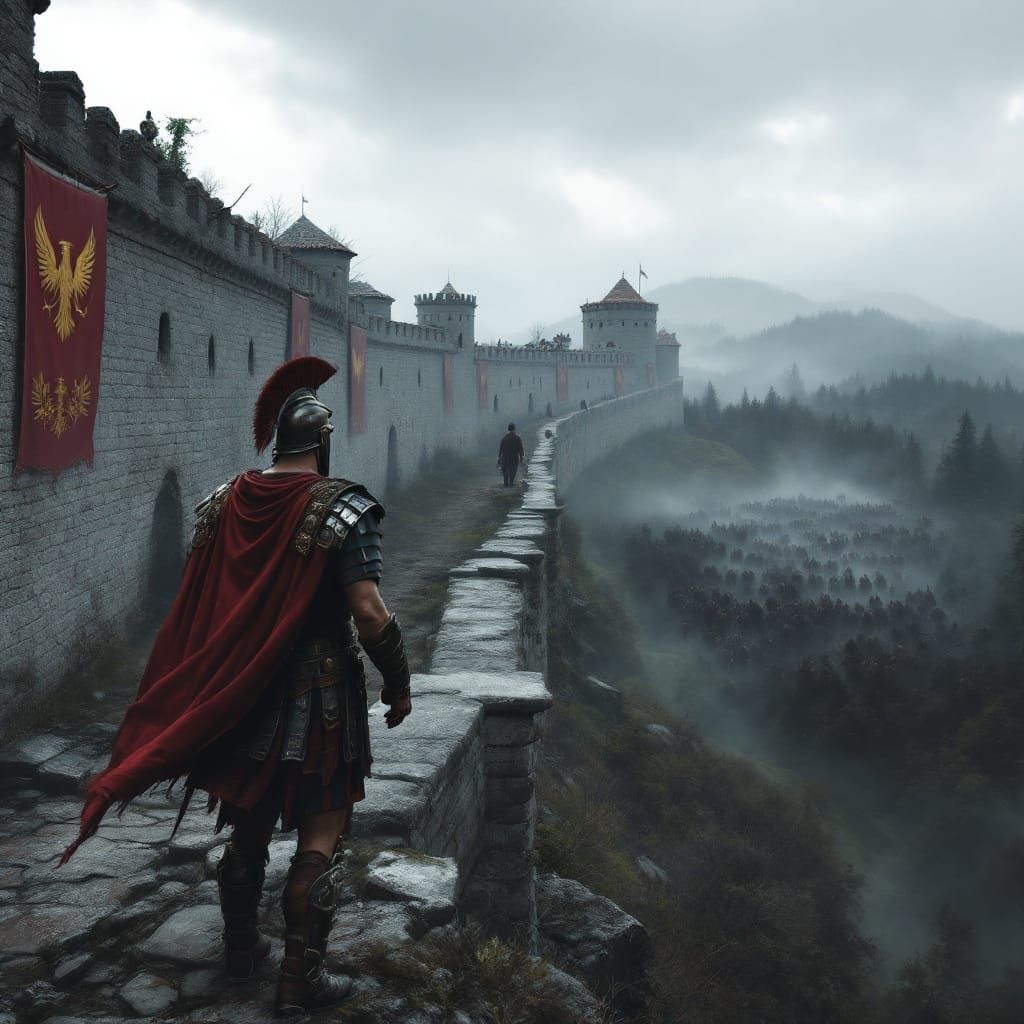 Roman Legionnaire Guards Hadrian's Wall Against Barbarian At...